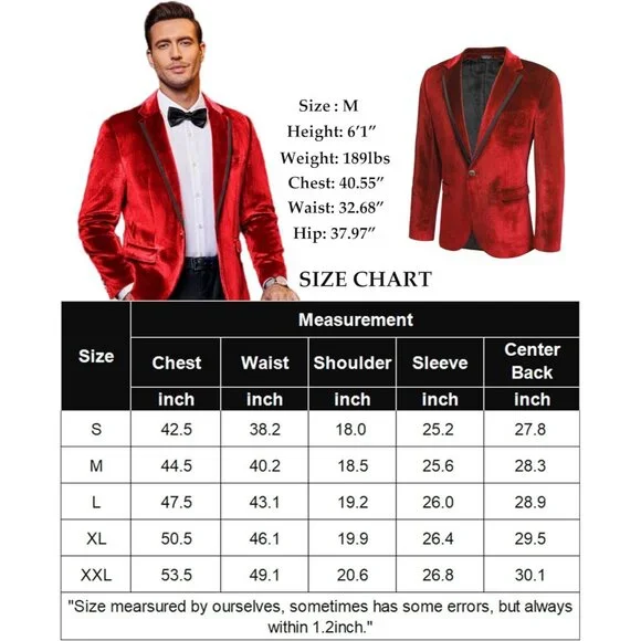 Men's Velvet Blazer Notched Lapel One Button Velour Tuxedo Jacket for Wedding